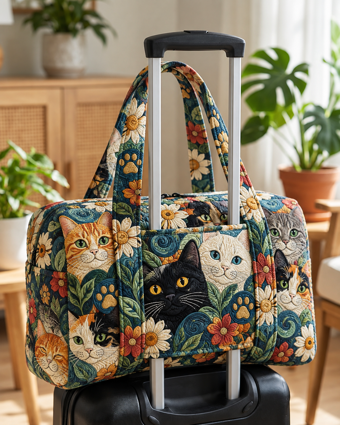 Floral Cat Patchwork Quilted Weekender Bag With Trolley Sleeve