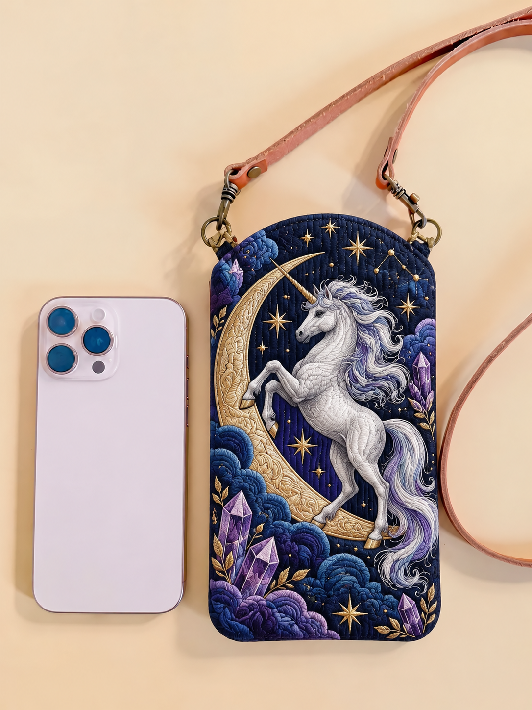 Celestial Moonlight Unicorn Quilted Slim Phone Crossbody Bag