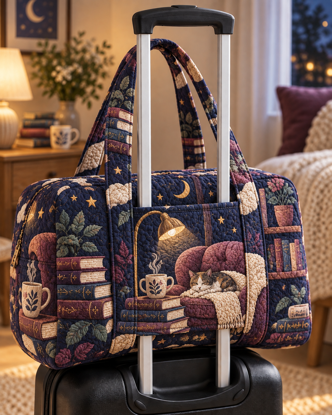 Moonlit Cat Library Quilted Weekender Bag With Trolley Sleeve