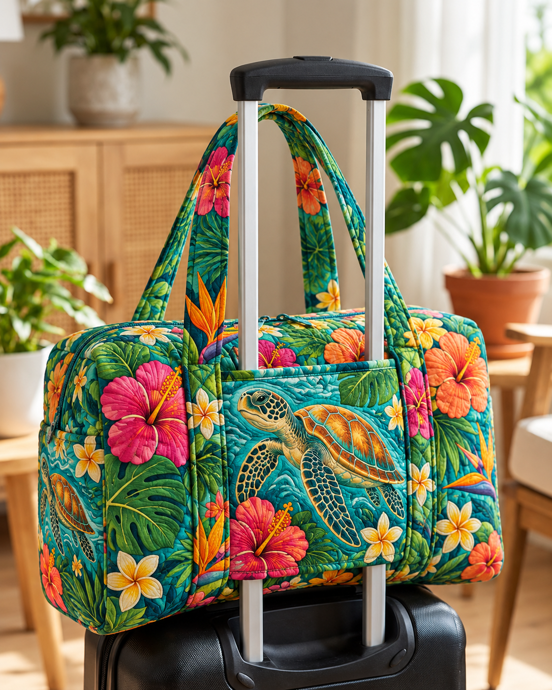 Hibiscus Sea Turtle Island Quilted Weekender Bag With Trolley Sleeve
