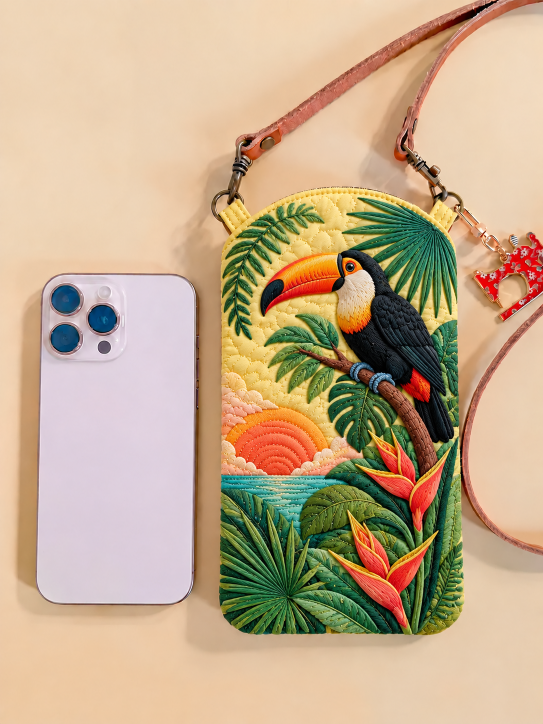 Toucan Island Sunset Quilted Slim Phone Crossbody Bag