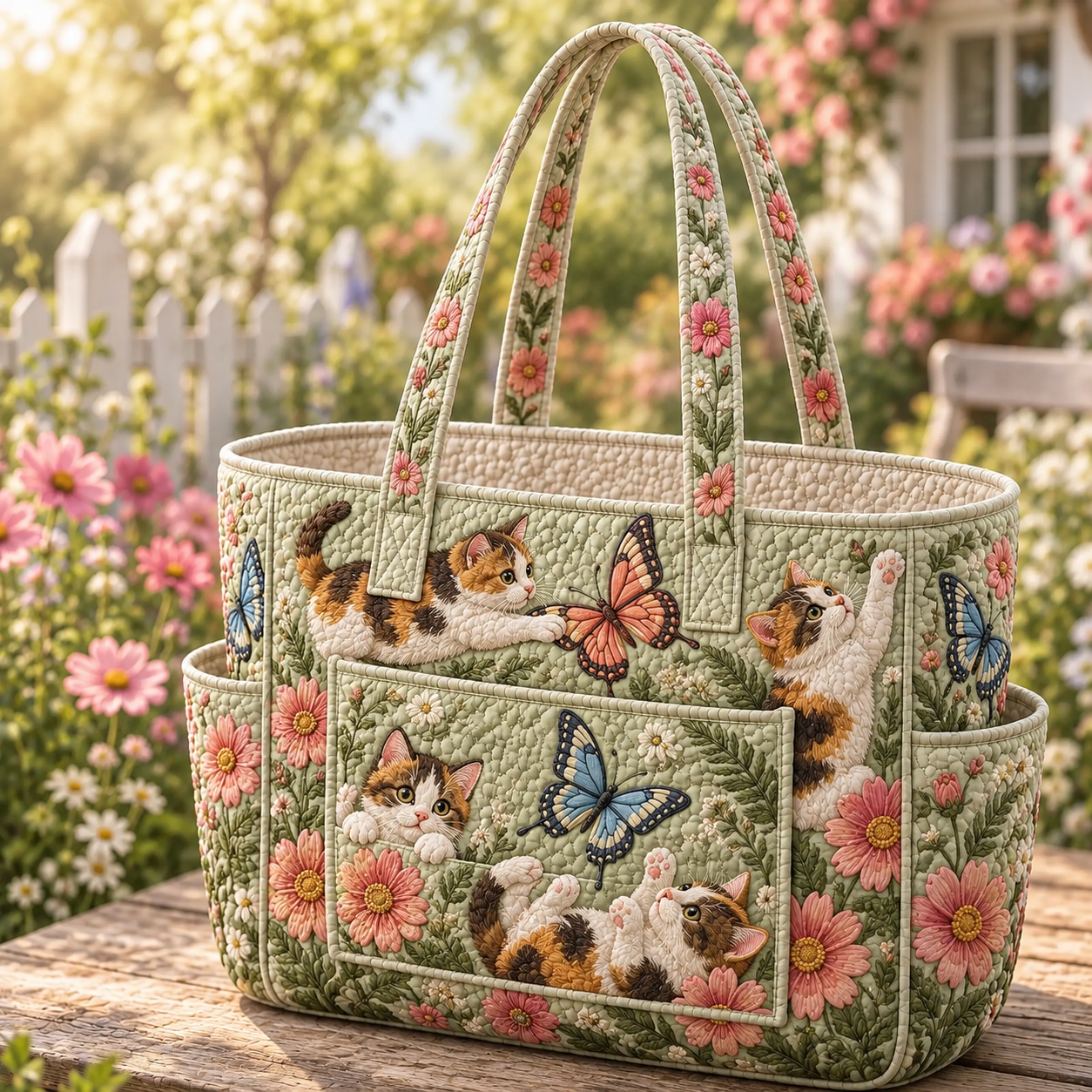 Butterfly Garden Cats Multiple Pockets Quilted Tote Bag