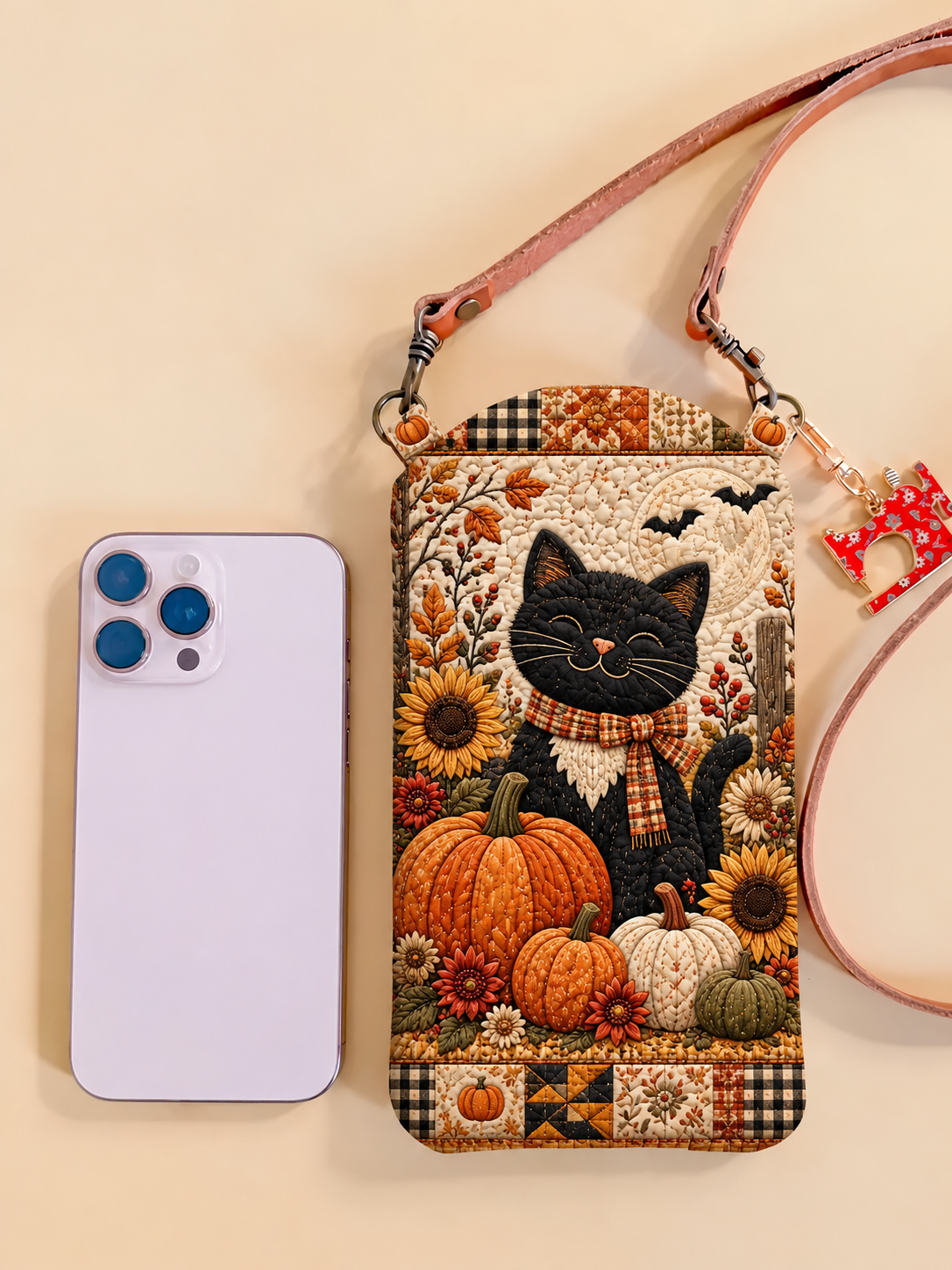 Black Cat Pumpkin Garden Quilted Slim Phone Crossbody Bag