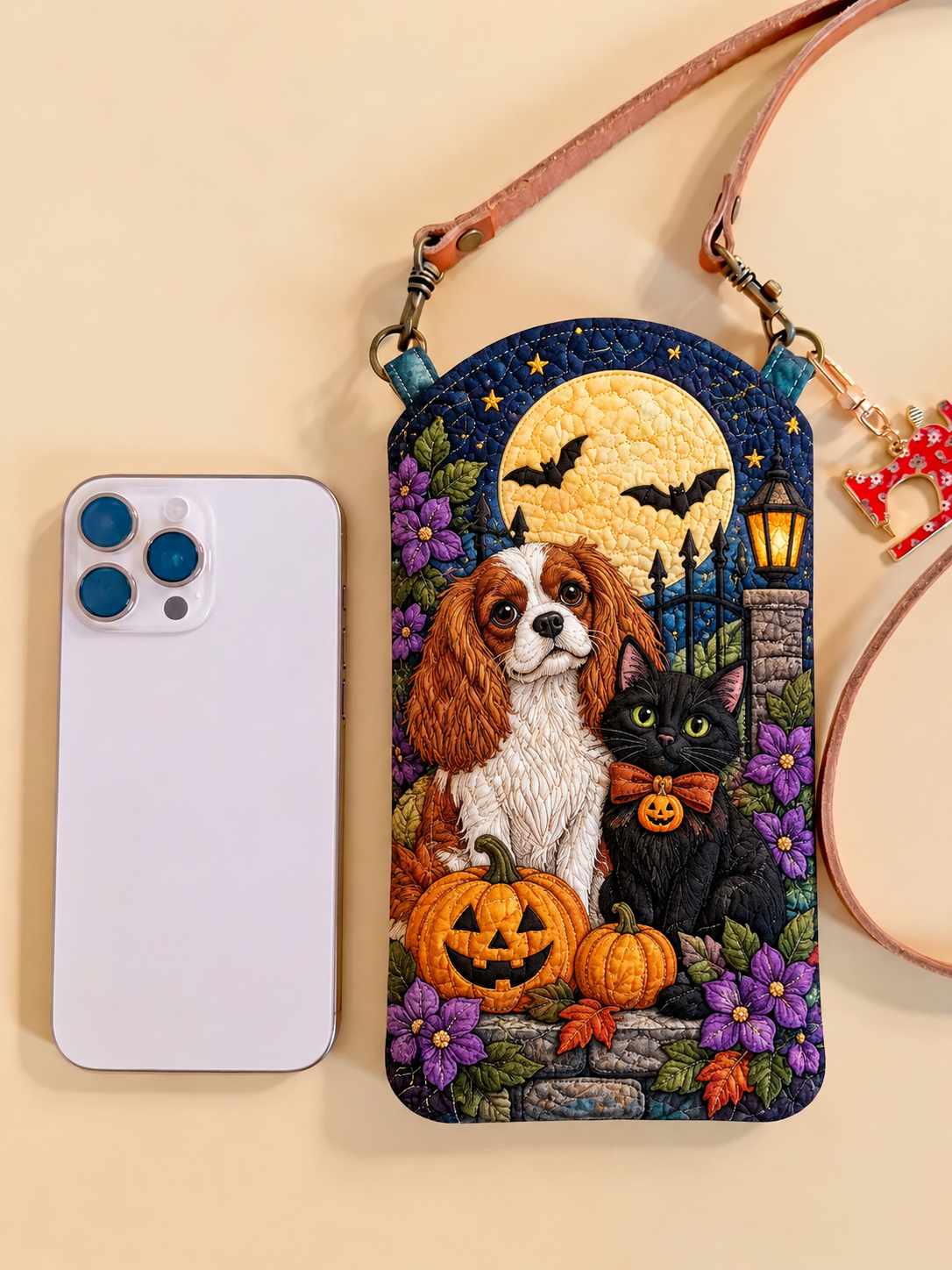 Cavalier & Black Cat Halloween Quilted Slim Phone Crossbody Bag