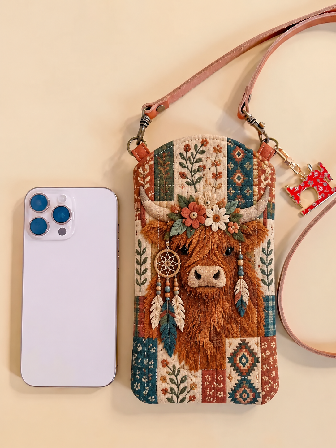 Highland Cow Folk Floral Quilted Slim Phone Crossbody Bag