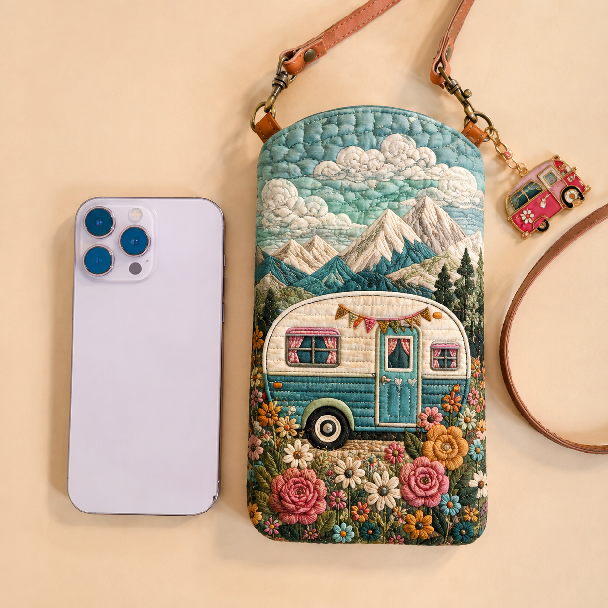Vintage Camper Mountain Flower Quilted Slim Phone Crossbody Bag