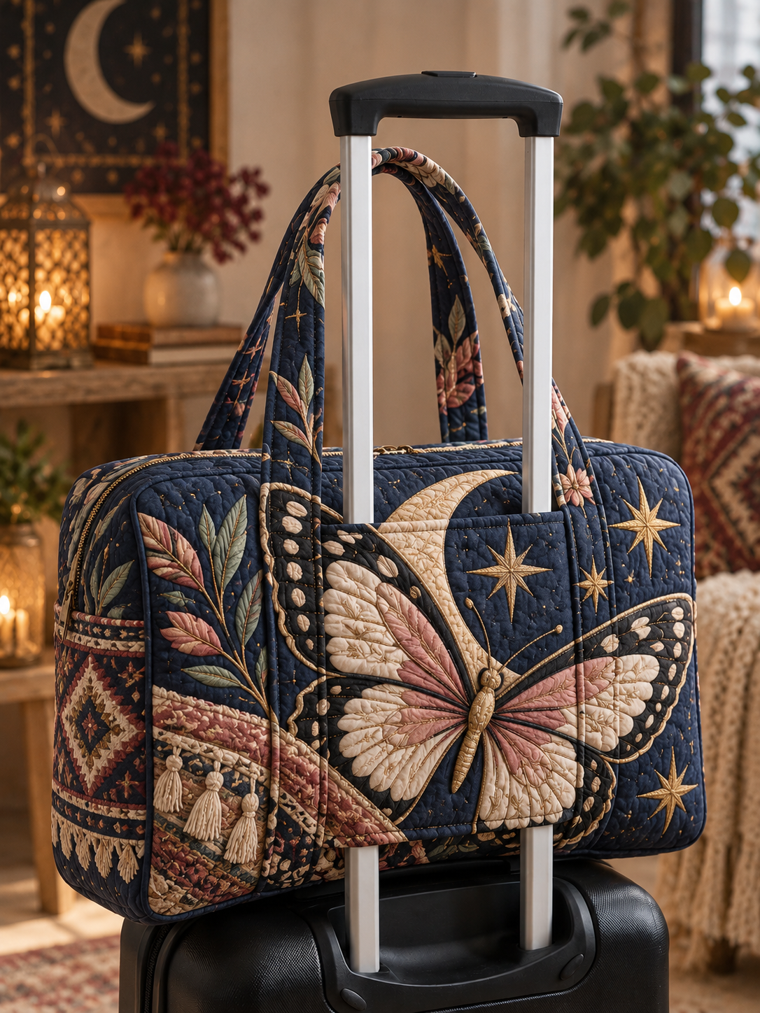 Celestial Butterfly Moonlight Quilted Weekender Bag With Trolley Sleeve