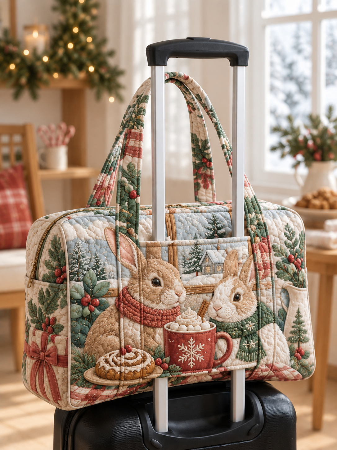 Cozy Bunny Cocoa Christmas Quilted Weekender Bag With Trolley Sleeve