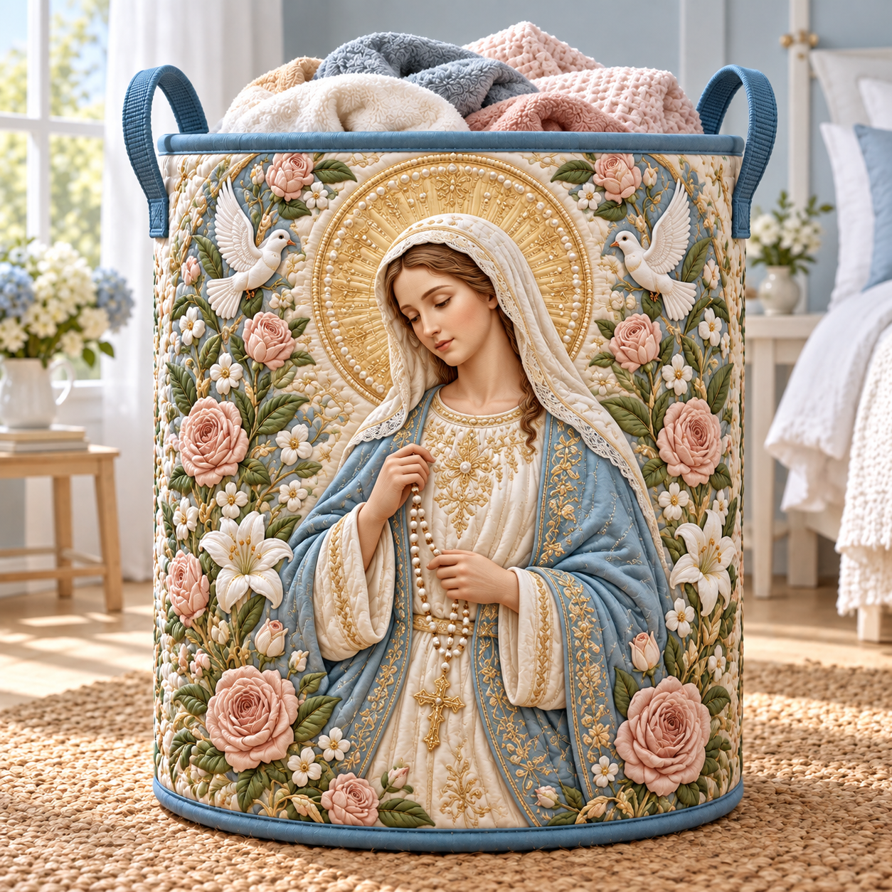 Virgin Mary Rose Garden Quilted Laundry Basket