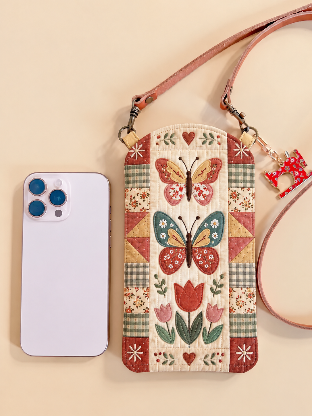 Folk Art Butterfly Patchwork Quilted Slim Phone Crossbody Bag