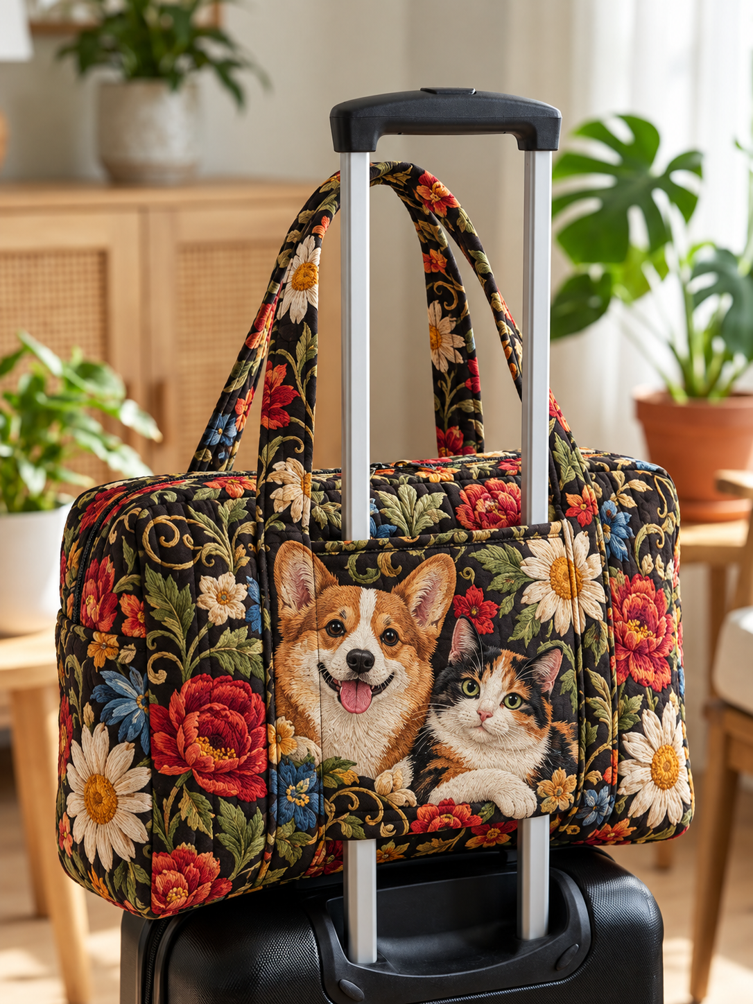 Corgi & Cat Flower Garden Quilted Weekender Bag With Trolley Sleeve