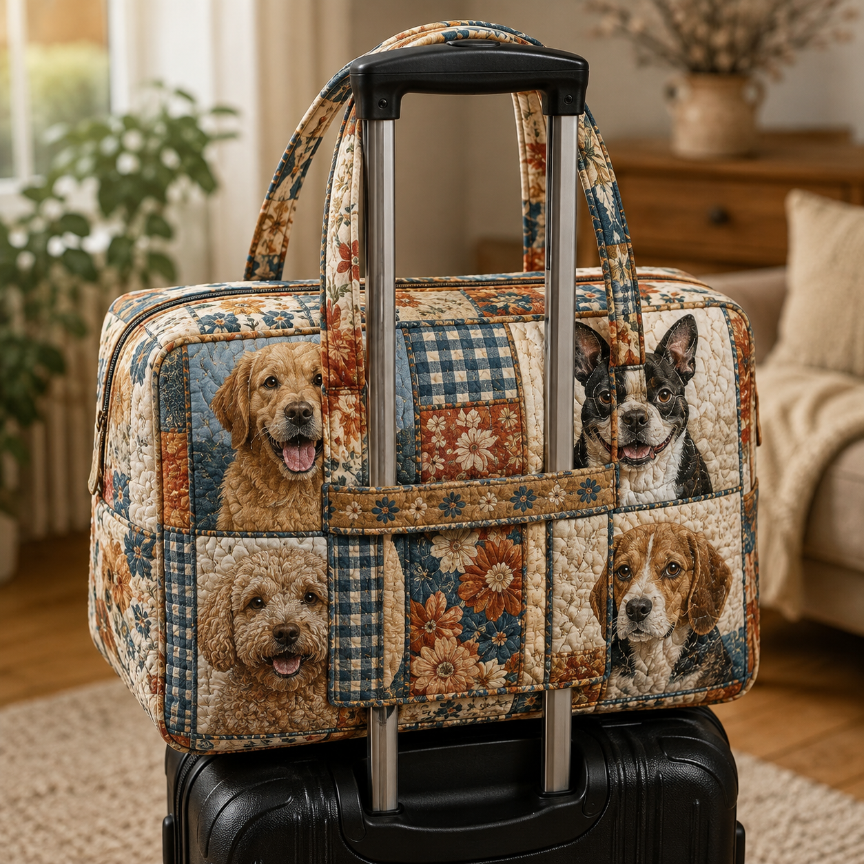 Dog Patchwork Quilted Weekender Bag With Trolley Sleeve