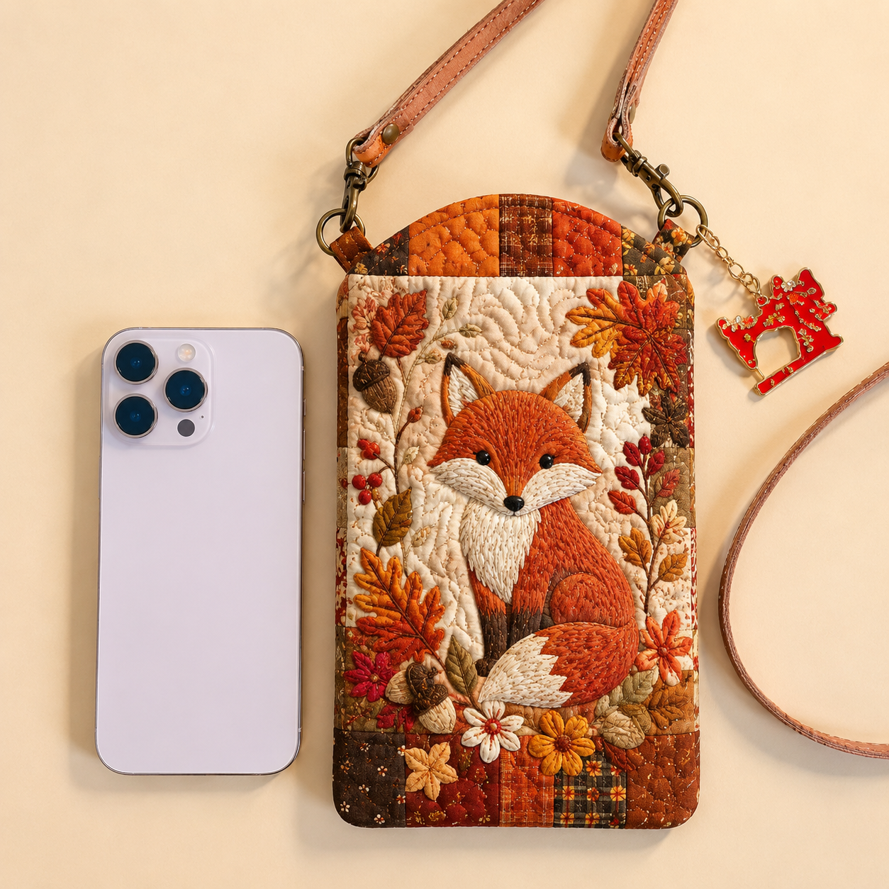 Autumn Fox Woodland Embroidery Quilted Slim Phone Crossbody Bag
