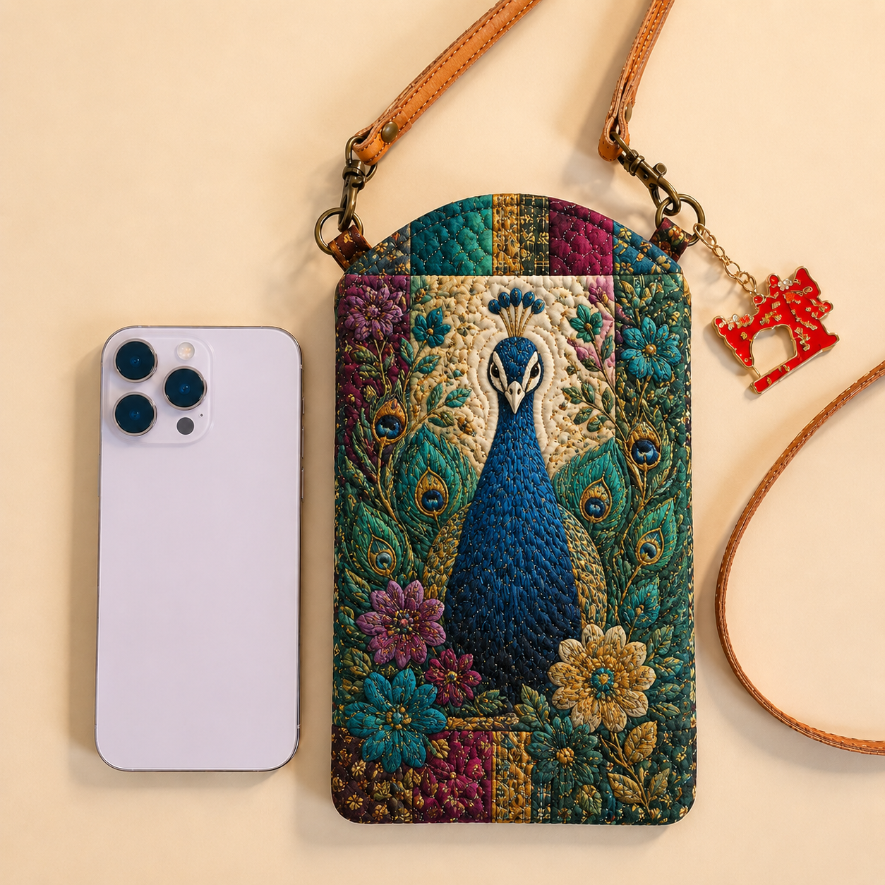 Peacock Jewel Feather Garden Quilted Slim Phone Crossbody Bag