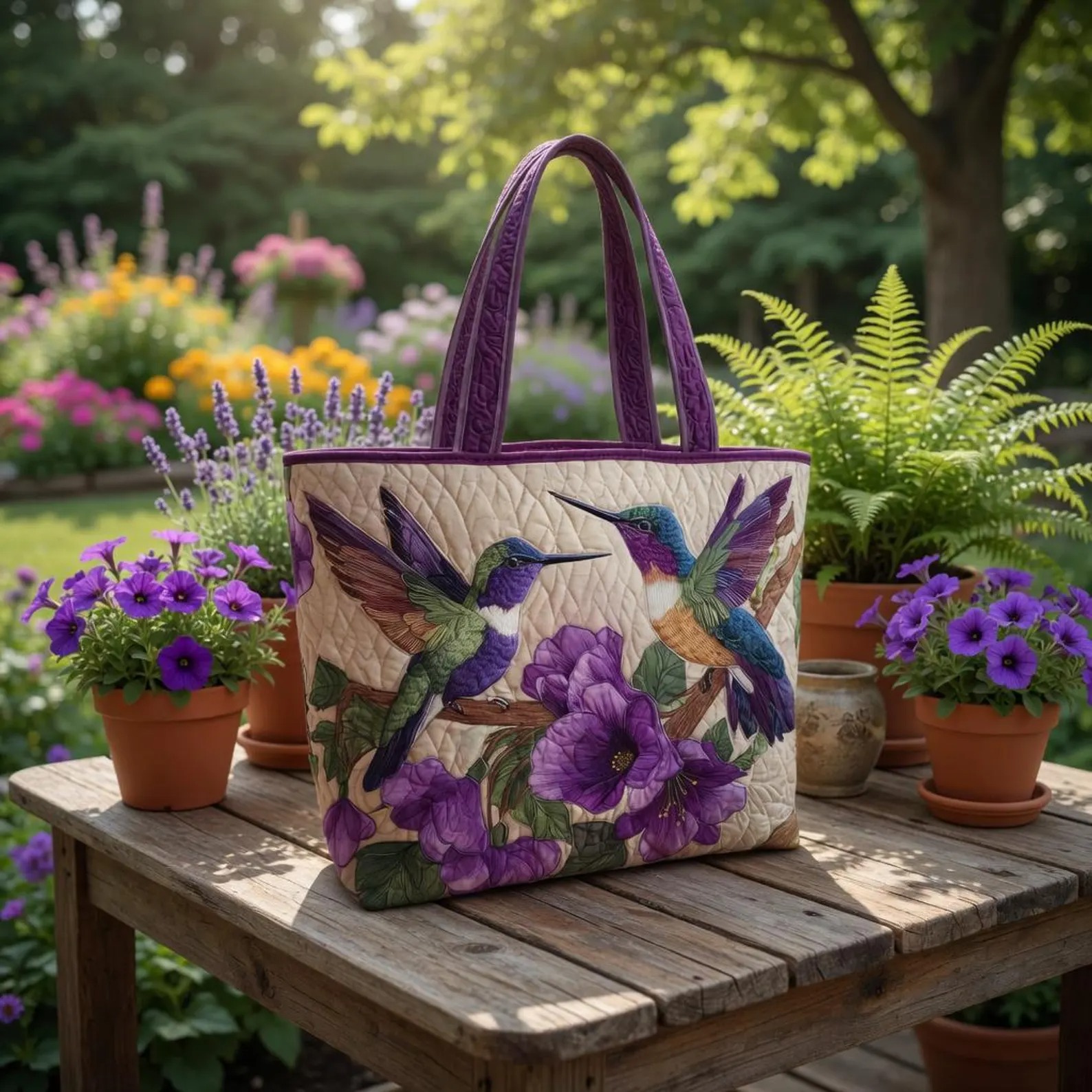 Quilted Hummingbird Tote Bag, Purple Floral Shoulder Bag, Nature Fabric Handbag