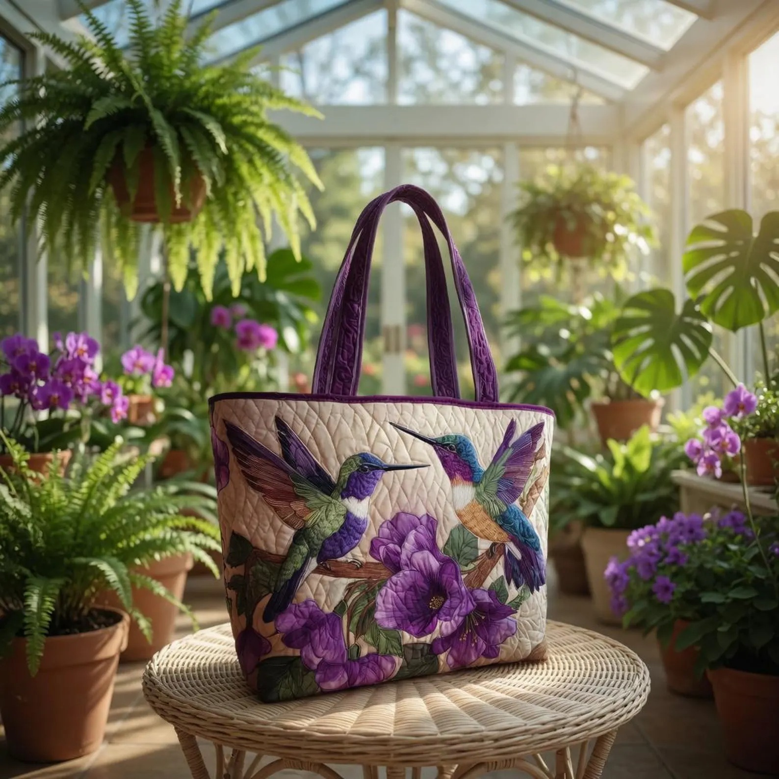 Quilted Hummingbird Tote Bag, Purple Floral Shoulder Bag, Nature Fabric Handbag