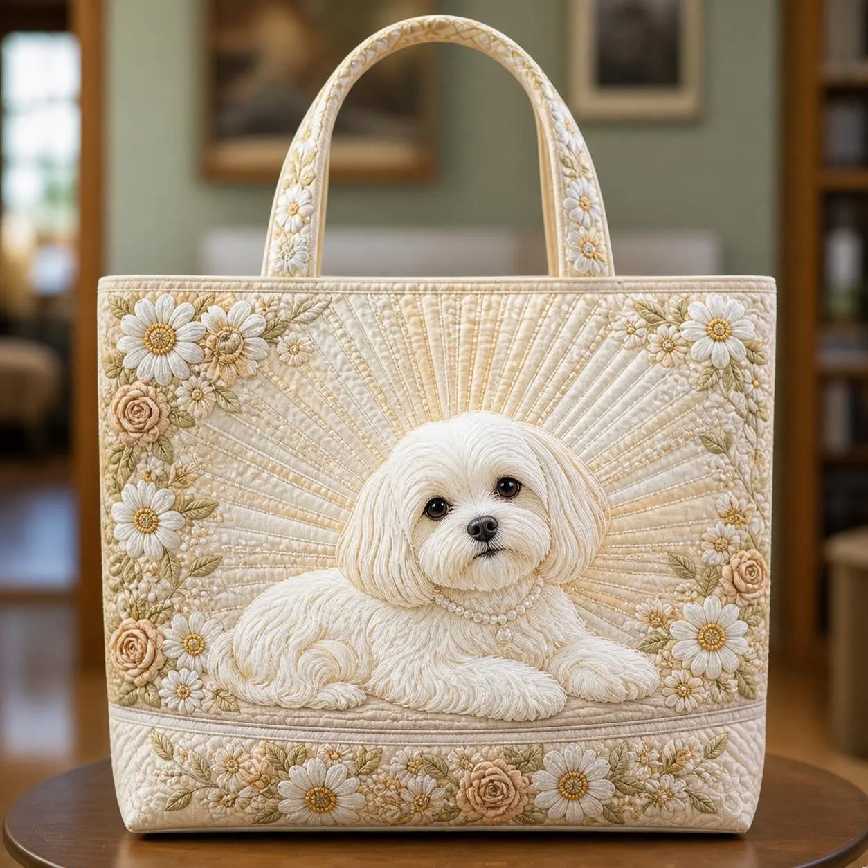 Quilted Maltese Dog Floral Tote Bag, Pet Lover Shoulder Bag
