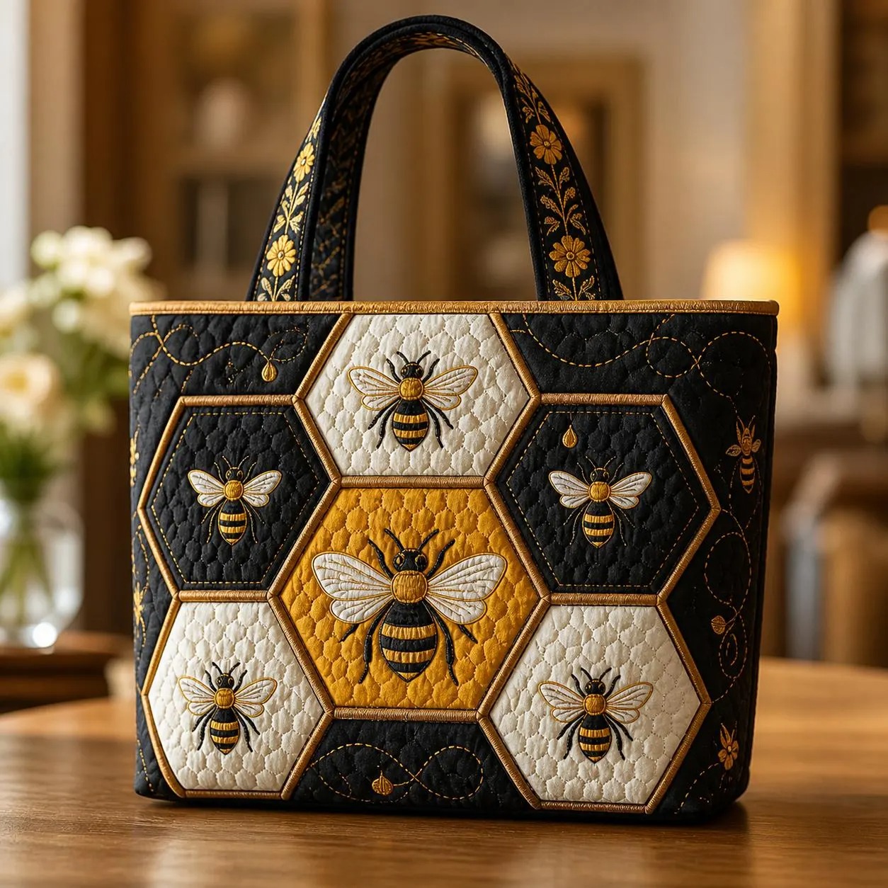 Quilted Bee Honeycomb Tote Bag, Hexagon Patchwork Purse, Nature Inspired Handbag
