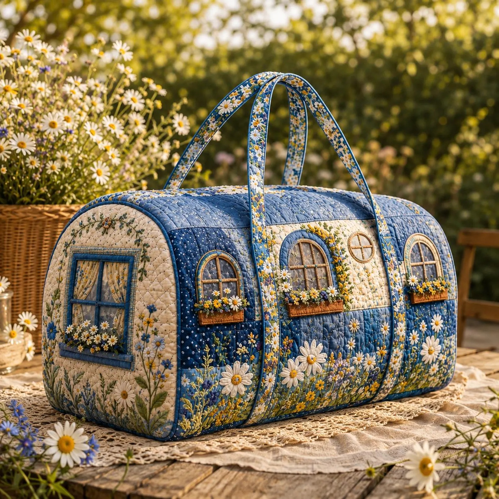 Blue Daisy Cottage Quilted Duffle Bag