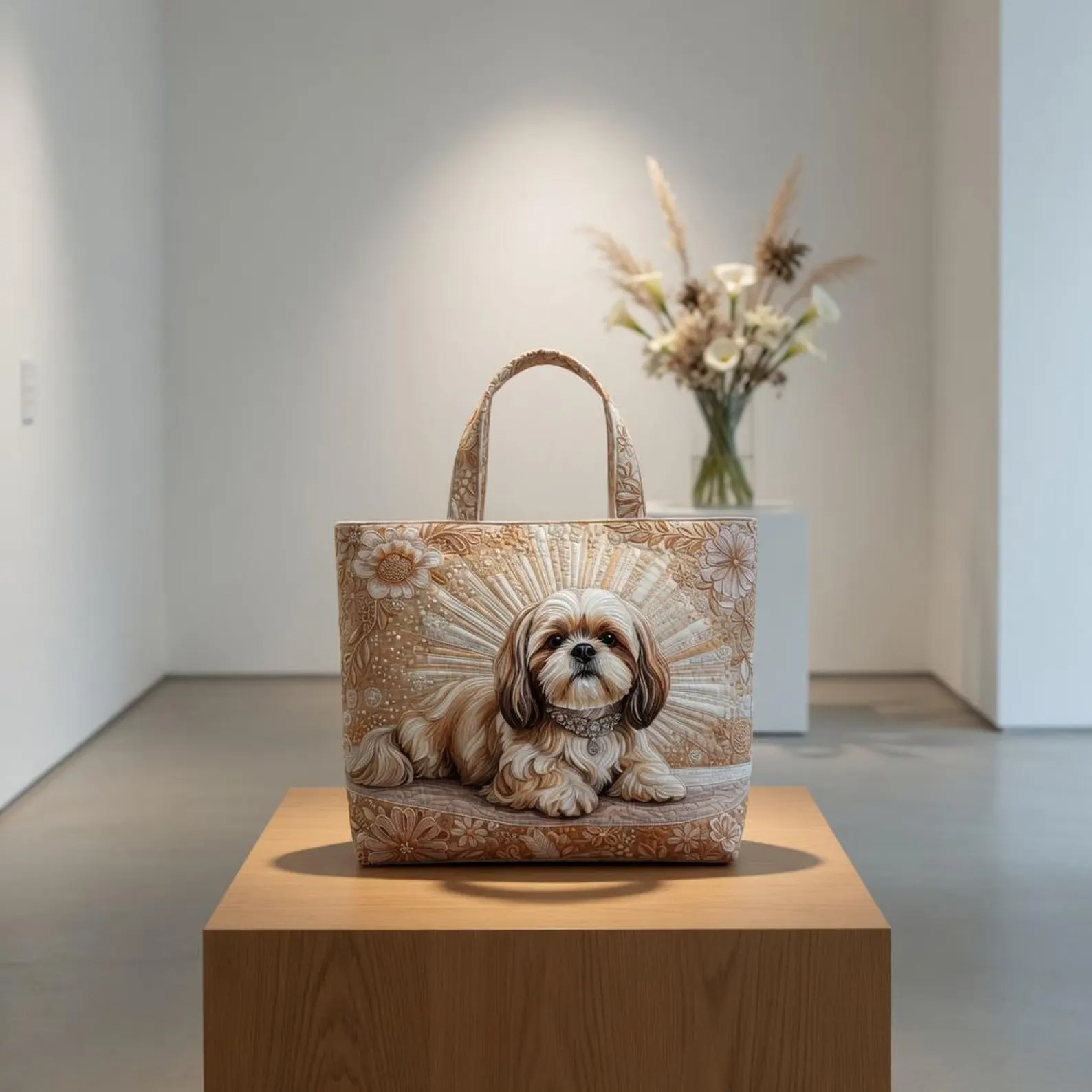 Shih Tzu Quilted Tote Bag, Boho Floral Pet Lover Handbag, Dog Mom Purse