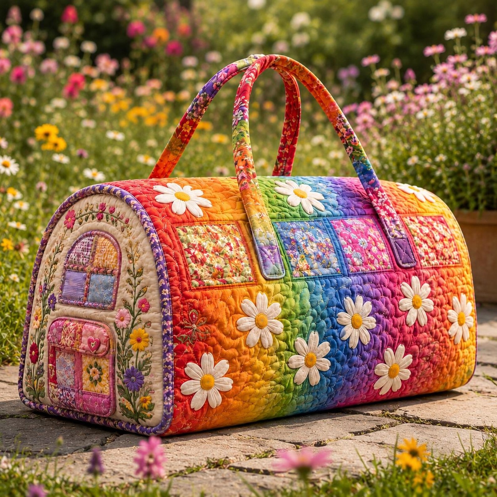 Rainbow Daisy Garden Quilted Duffle Bag