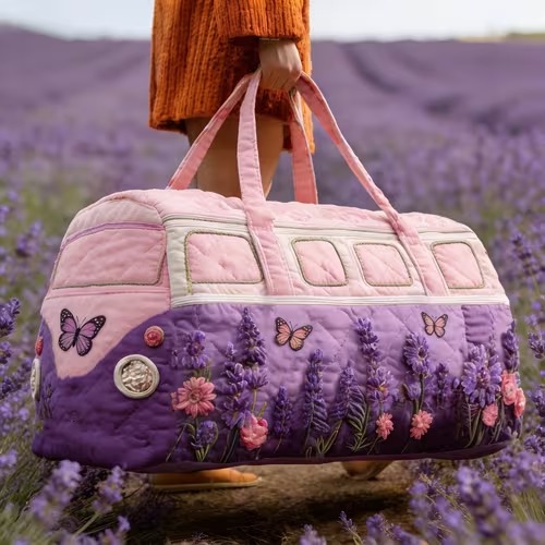 Lavender Butterfly Bus Quilted Duffle Bag