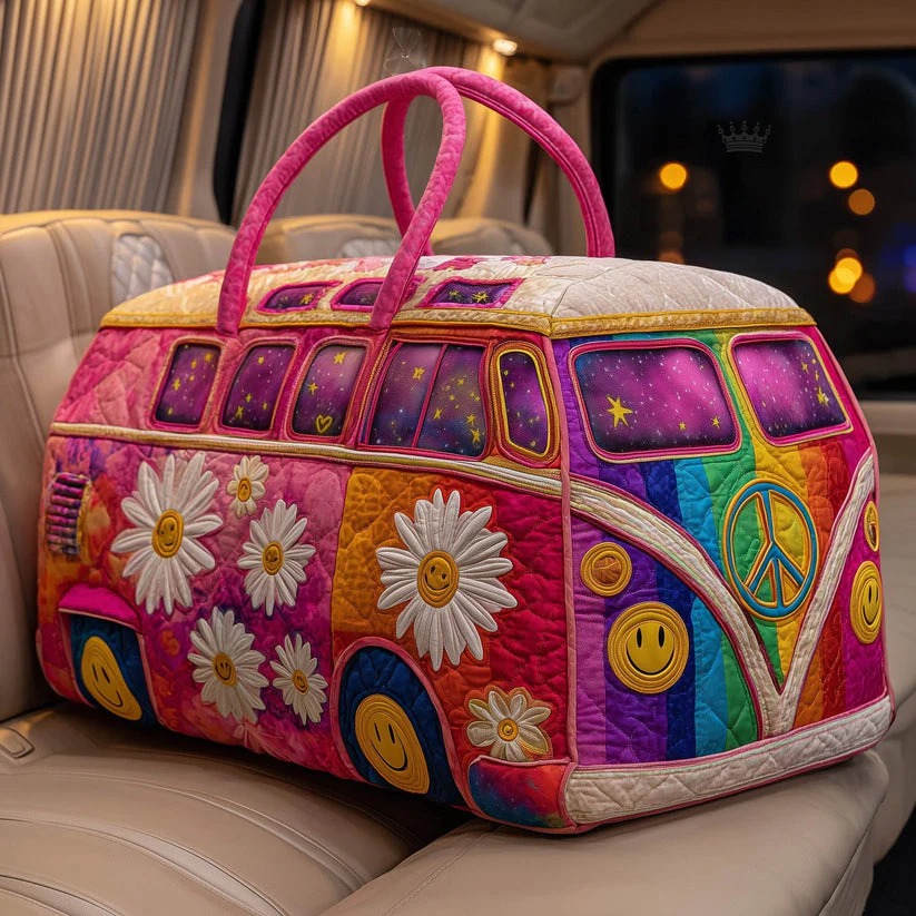 Retro Daisy Rainbow Camper Quilted Duffle Bag