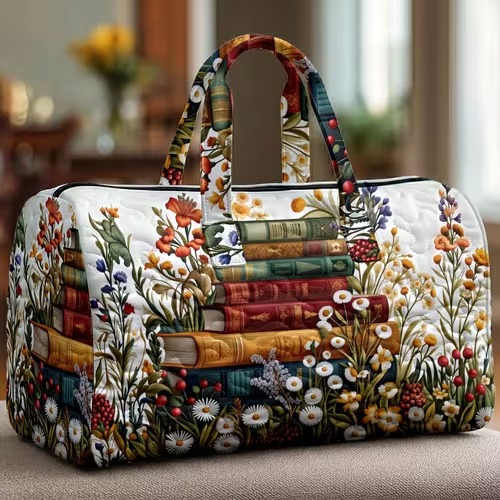 Vintage Book Garden Quilted Duffle Bag