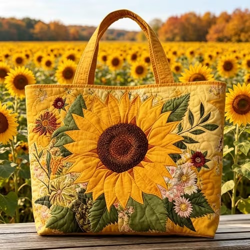 Sunflower Field Quilted Tote Bag