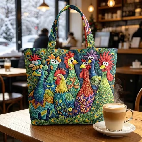 Colorful Rooster Quilted Tote Bag