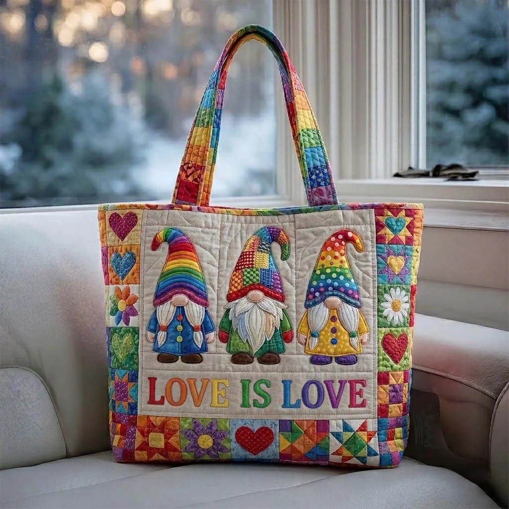 Love Is Love Gnome Rainbow Quilted Tote Bag