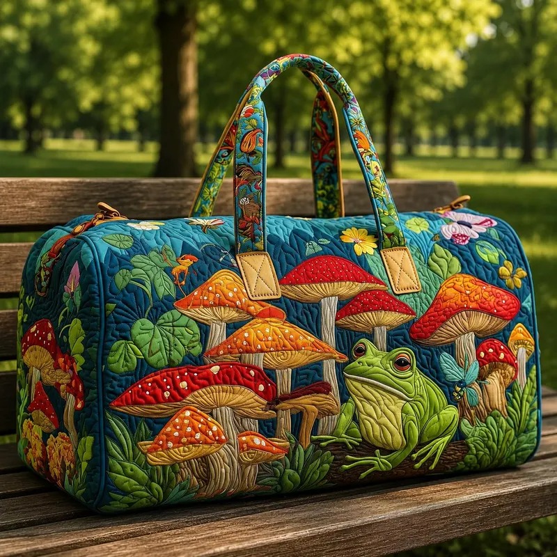 Enchanted Frog & Mushroom Quilted Duffle Bag