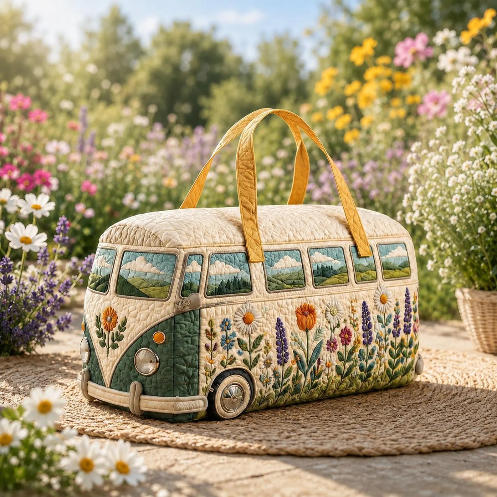 Floral Camping Bag Quilted Weekender Bag Retro Travel Duffel Wildflower Overnight Bag Summer Boho Handbag Gift for Women
