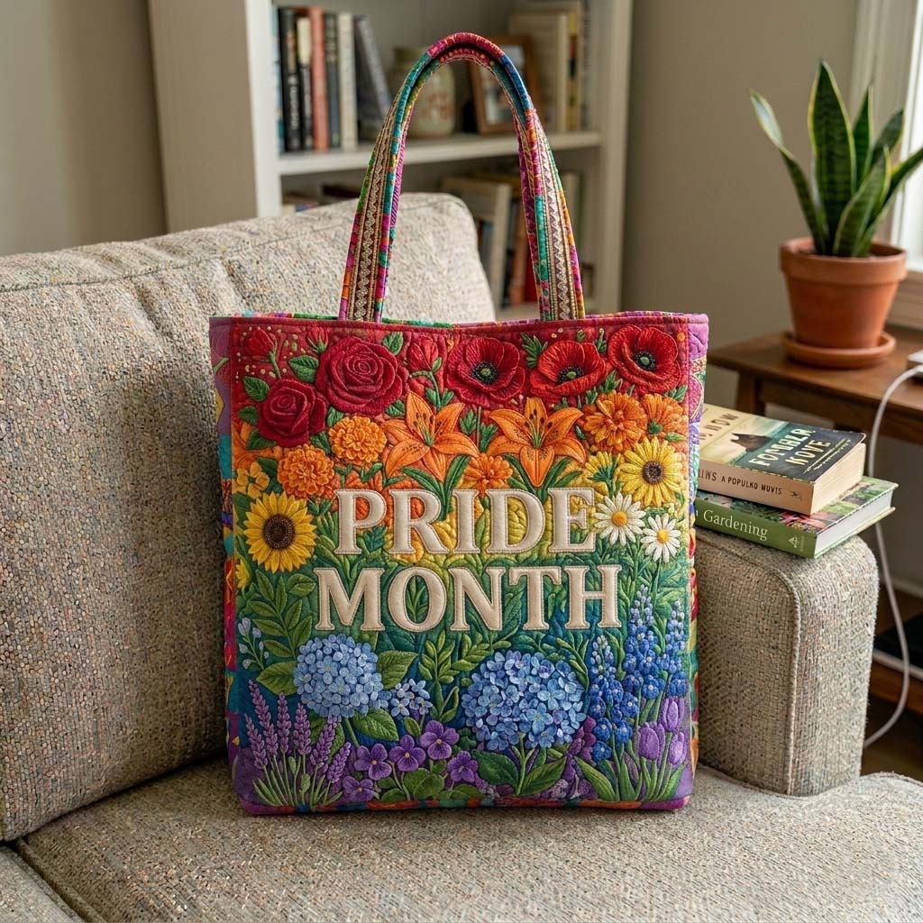 Pride Month Floral Embroidery Quilted Tote Bag