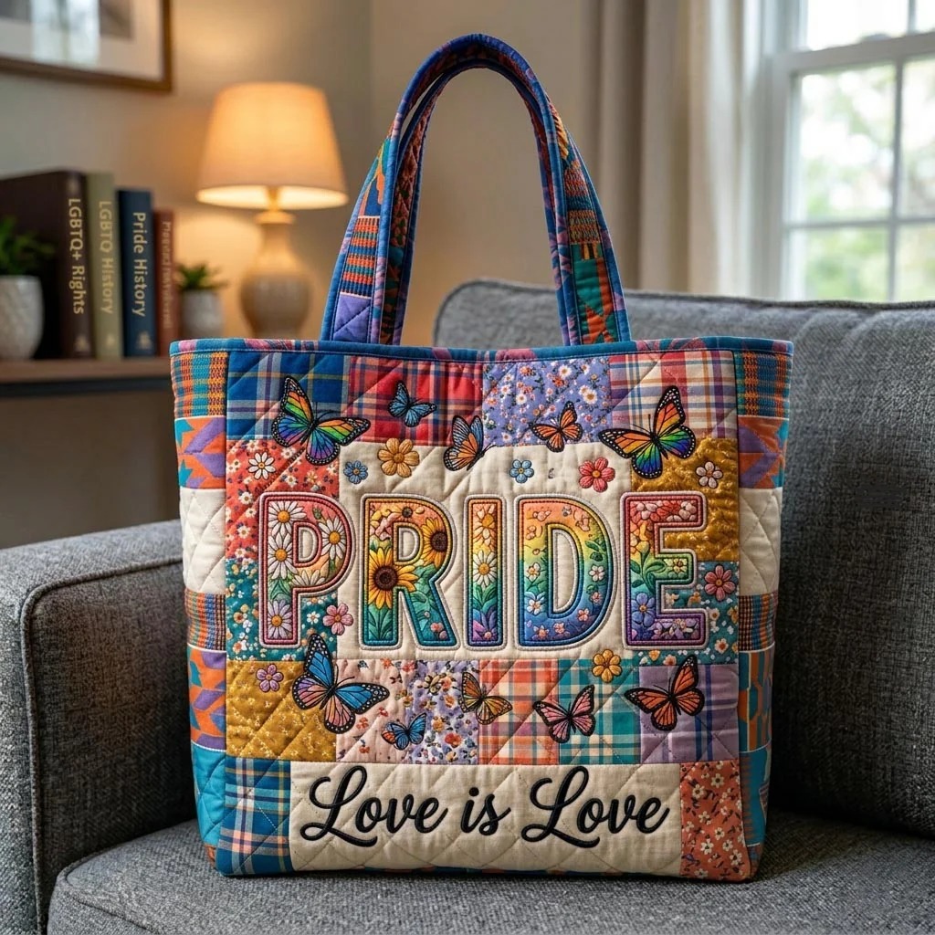 Pride Love Is Love Butterfly Plaid Quilted Tote Bag