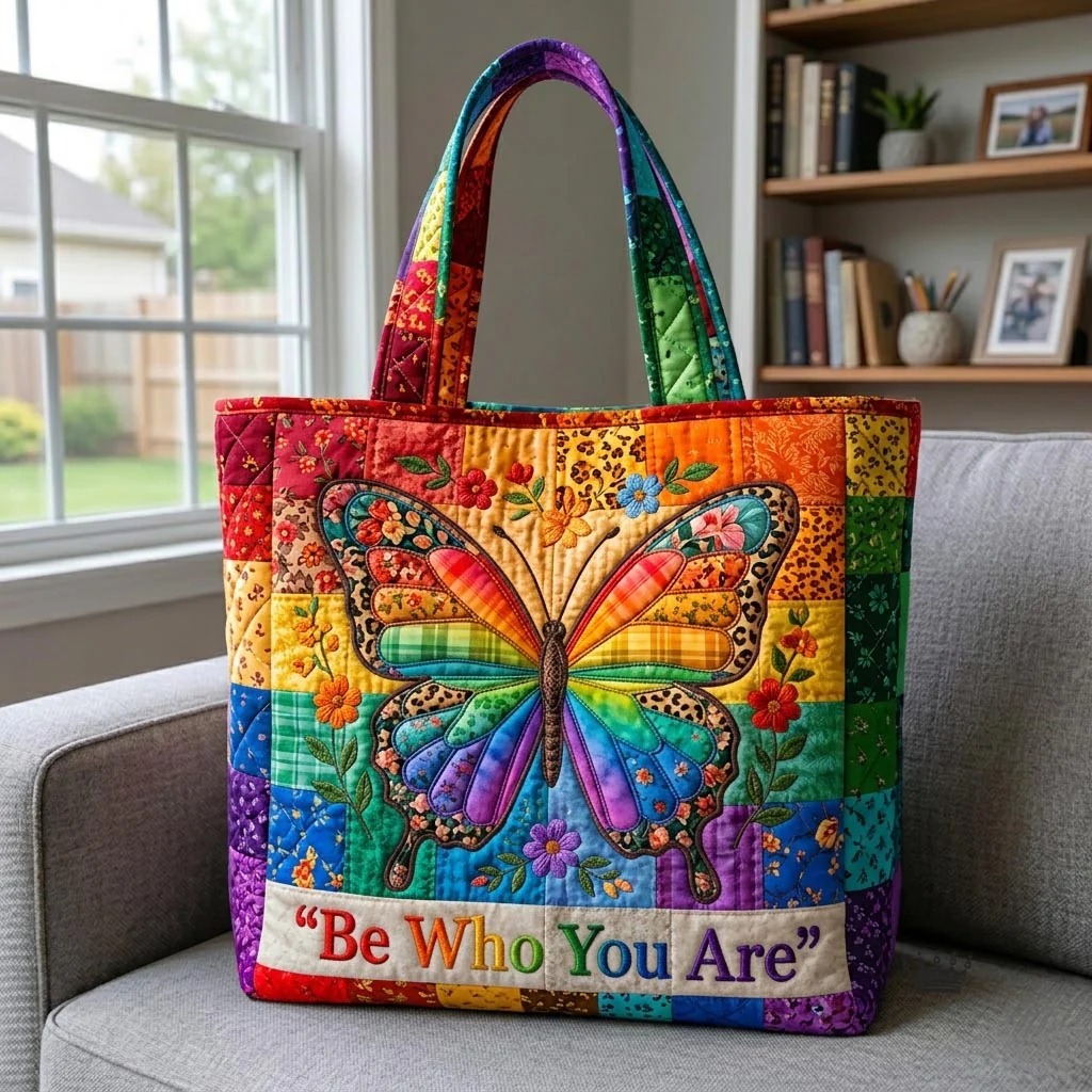 Be Who You Are Rainbow Butterfly Quilted Tote Bag