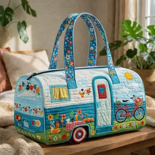 Blue Garden Camper Quilted Duffle Bag