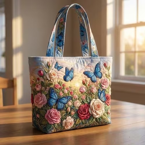 Blue Butterfly Rose Quilted Tote Bag