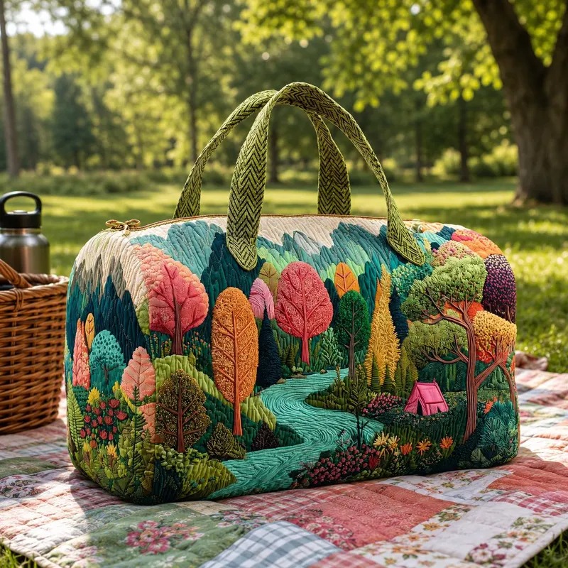 Whimsical Forest Landscape Quilted Duffle Bag