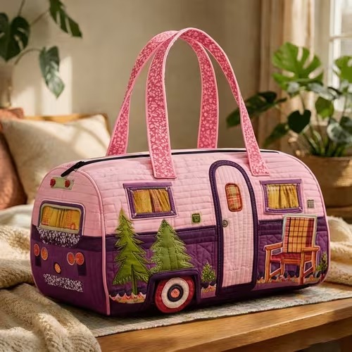 Pink Vintage Camper Quilted Duffle Bag