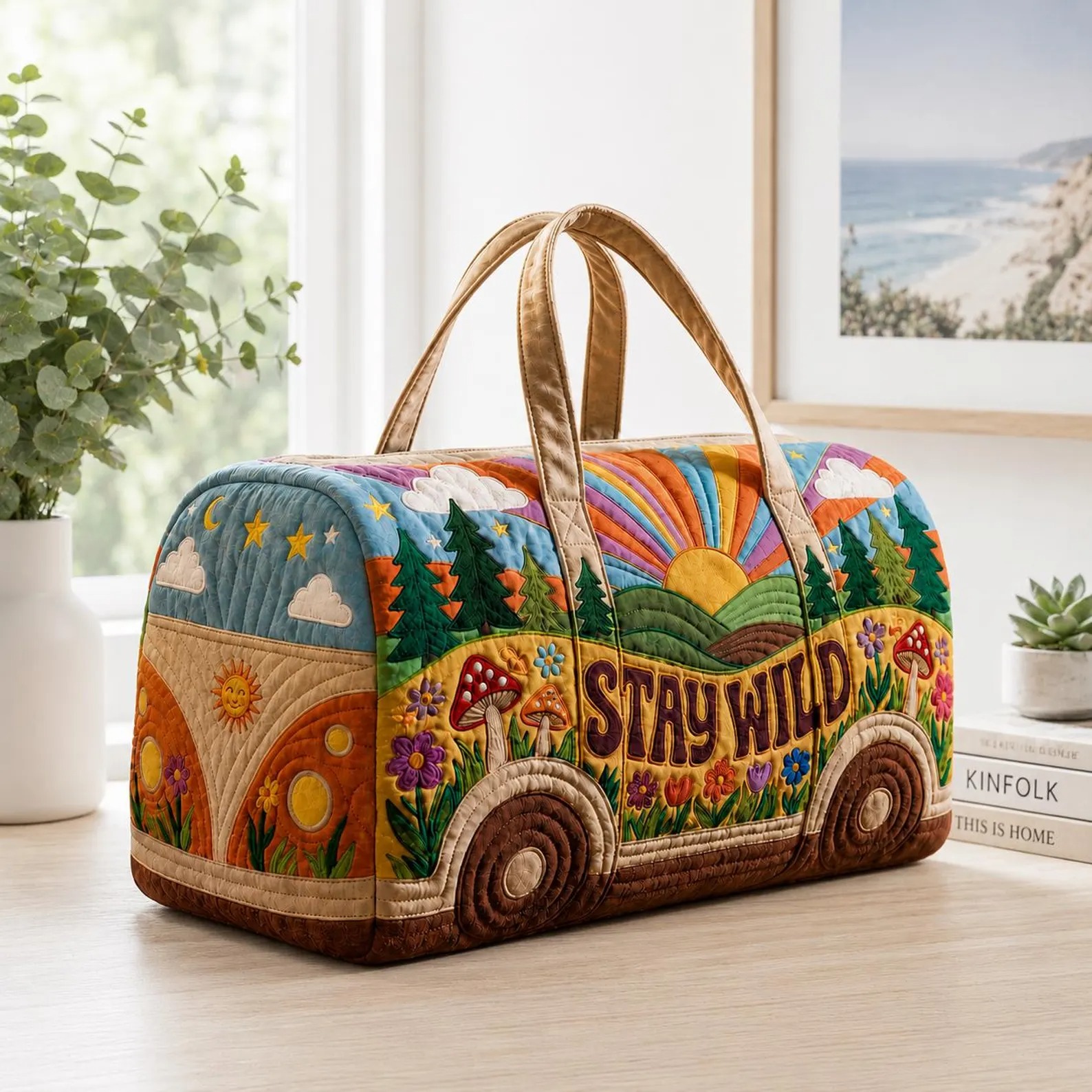 Stay Wild Quilted Duffle Bag, Retro Hippie Travel Bag, Colorful Nature Weekender Bag, Boho Overnight Bag, Camping Road Trip Gift