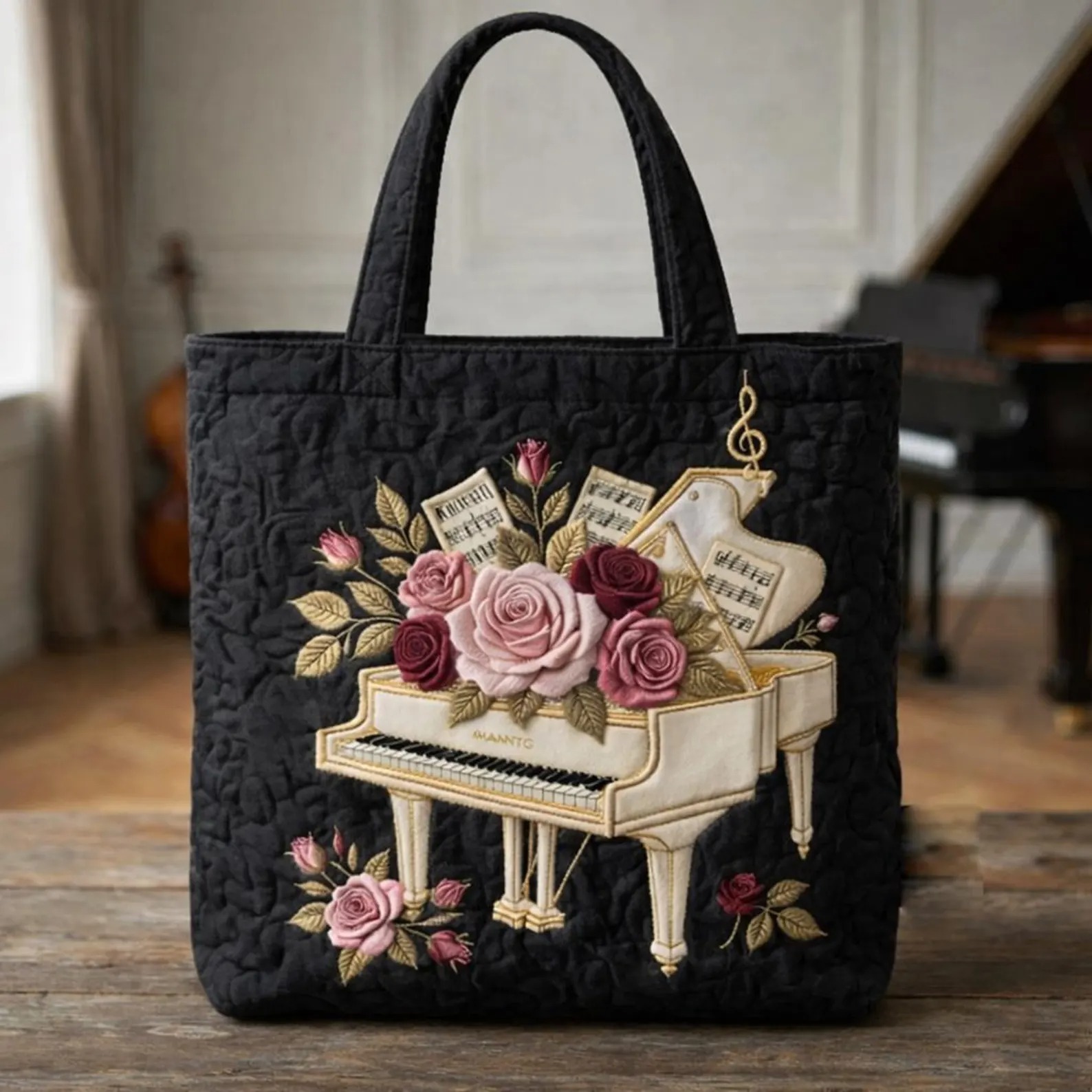 White Piano Tote Bag Music Lover Gifts, Floral Sheet Music Quilted Tote, Quilted Piano Bag, Pianist Gift for Women, Family Members Tote