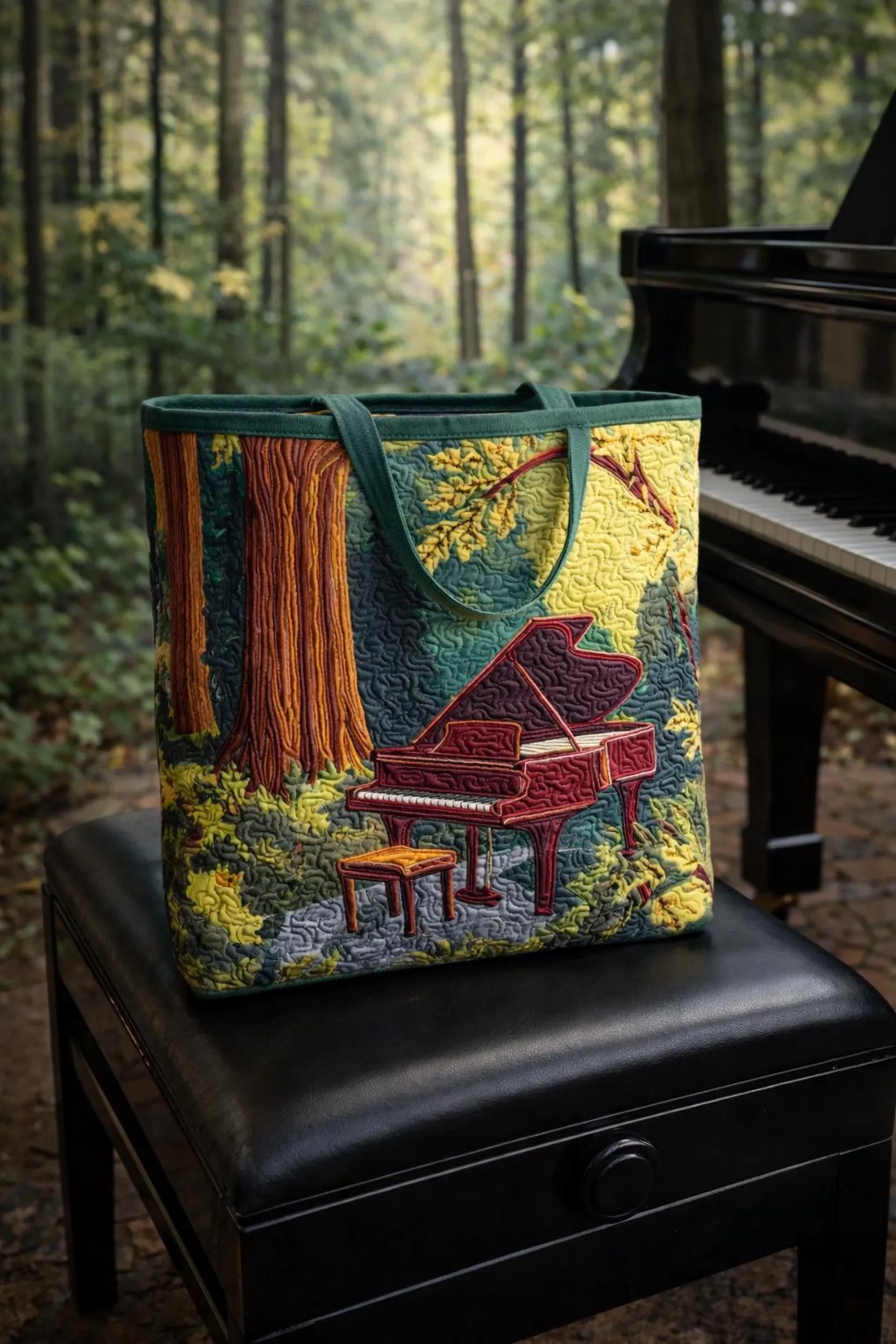 Quilted Piano Tote Bag Forest Theme Music Lover Gift, Nature Piano Tote Bag, Artistic Quilted Tote for Women, Pianist Gifts