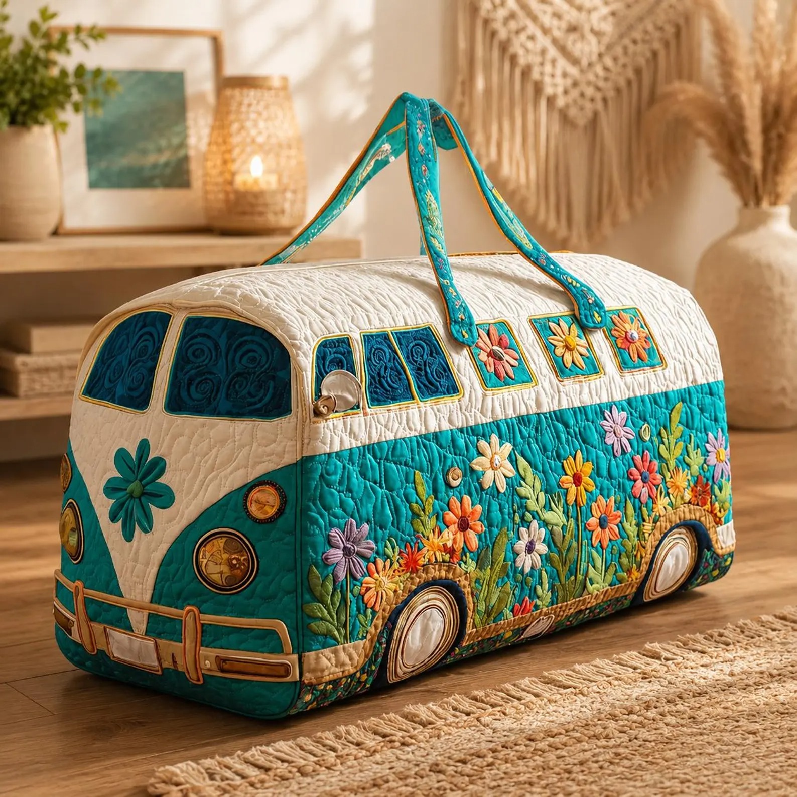 Boho Quilted Duffle Bag Gift for Flower Lovers