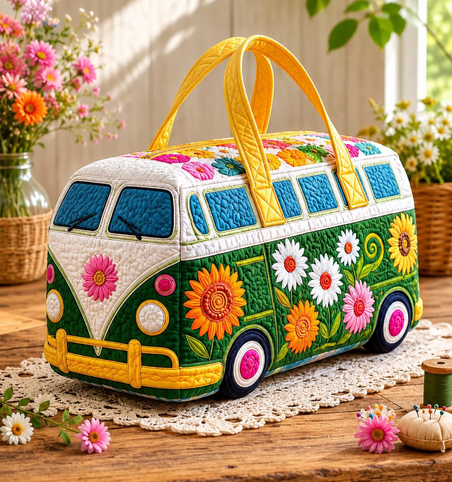 Sunflower Retro Bus Quilted Duffle Bag