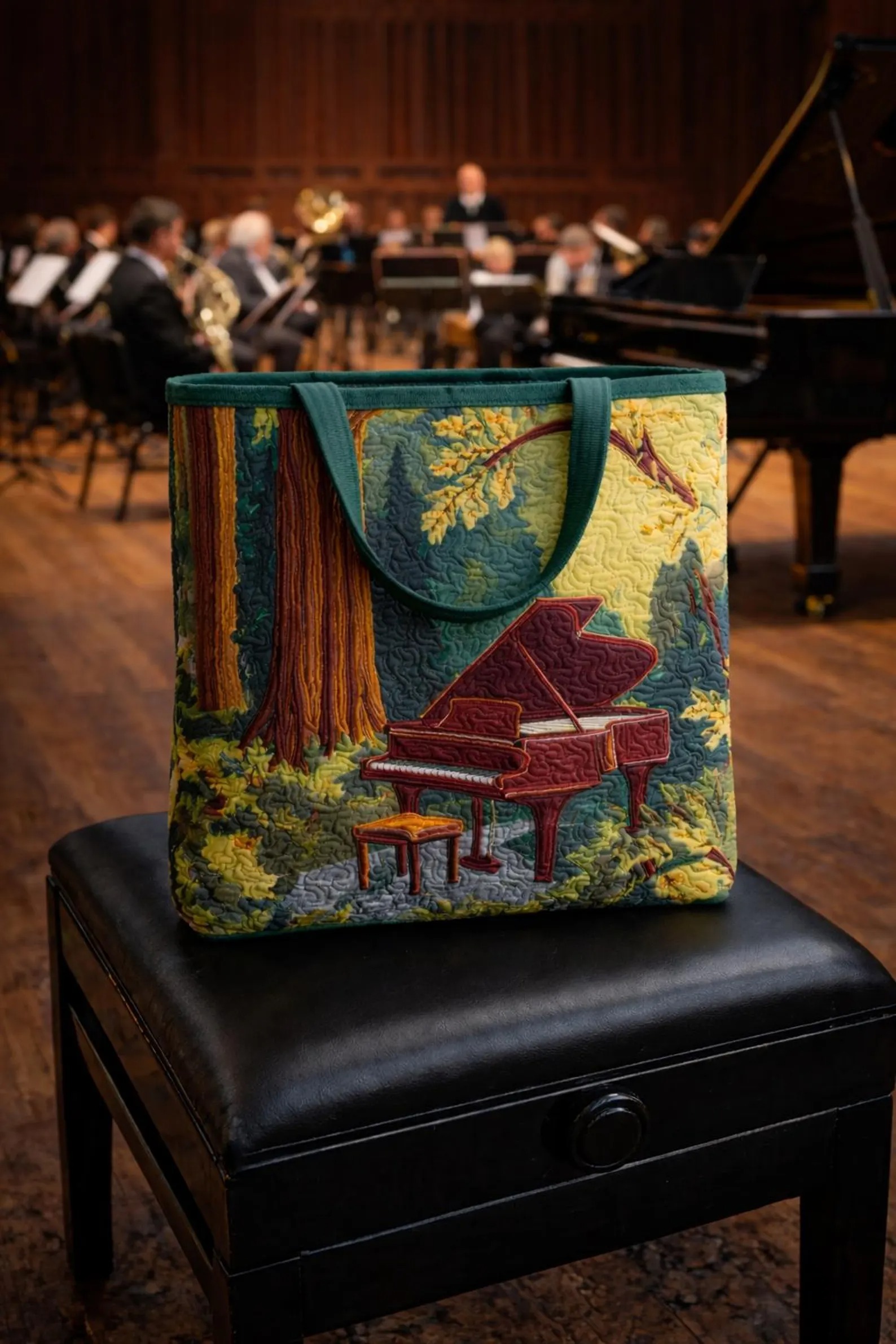 Quilted Piano Tote Bag Forest Theme Music Lover Gift, Nature Piano Tote Bag, Artistic Quilted Tote for Women, Pianist Gifts