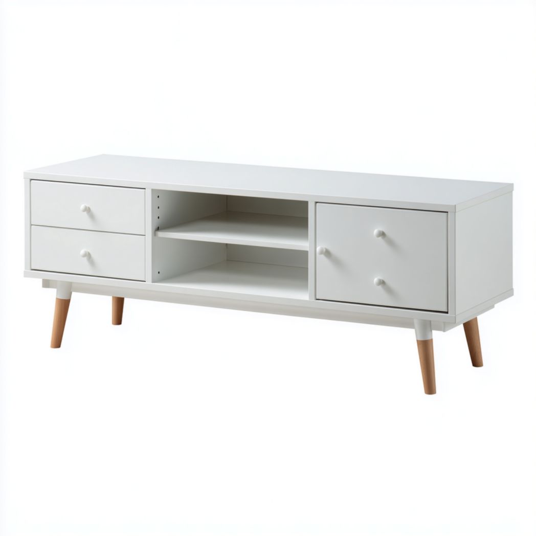 Meuble TV blanc avec deux tiroirs, une porte et deux niches ouvertes-Tnfurniture