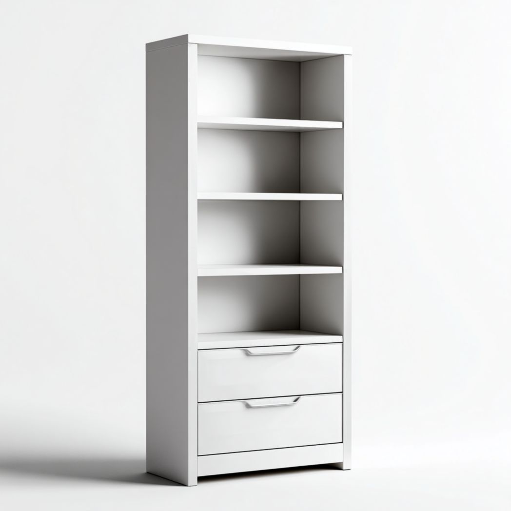 Bibliothèque blanche avec trois étagères ouvertes et deux tiroirs de rangement-Tnfurniture