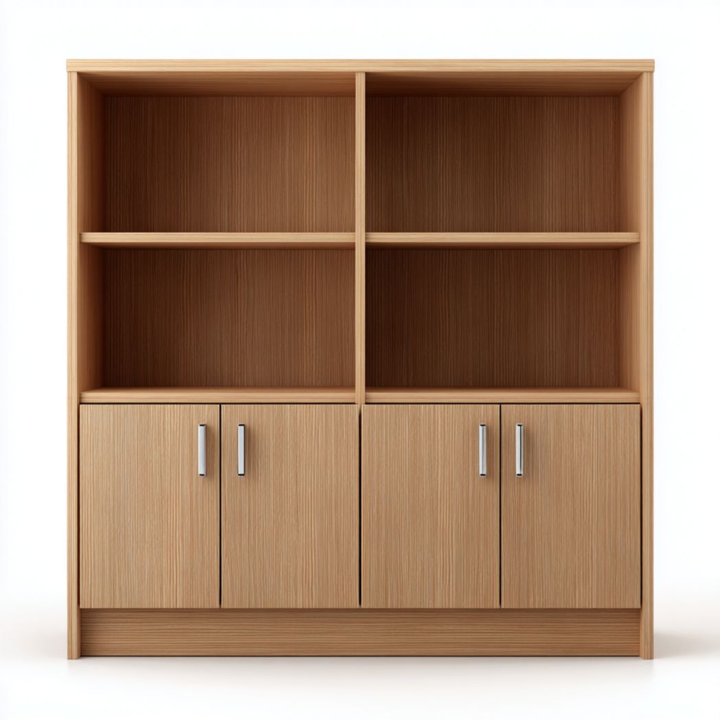 Bibliothèque en chêne avec quatre compartiments ouverts et quatre portes-Tnfurniture