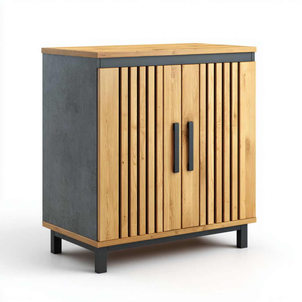 Buffet bas bicolore avec deux portes à lattes et structure effet béton-Tnfurniture